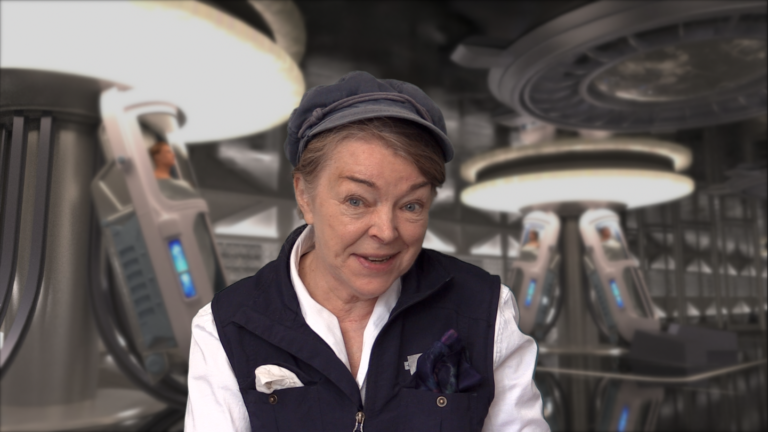 mature woman looking down the camera. She's wearing a cap, and working clothes. In the background she is clearly inside a space ship with hibernations pods.