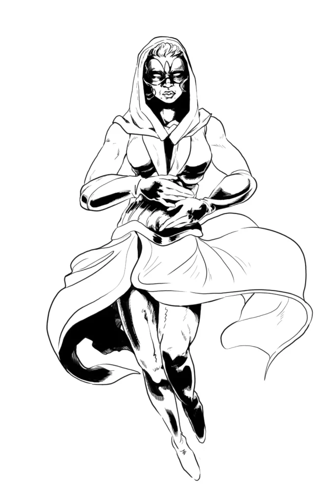 The Silver Selkie - shiny silver coloured superhero, her cape-like costume wafting in the breeze as she rises serenely, ready to sing.